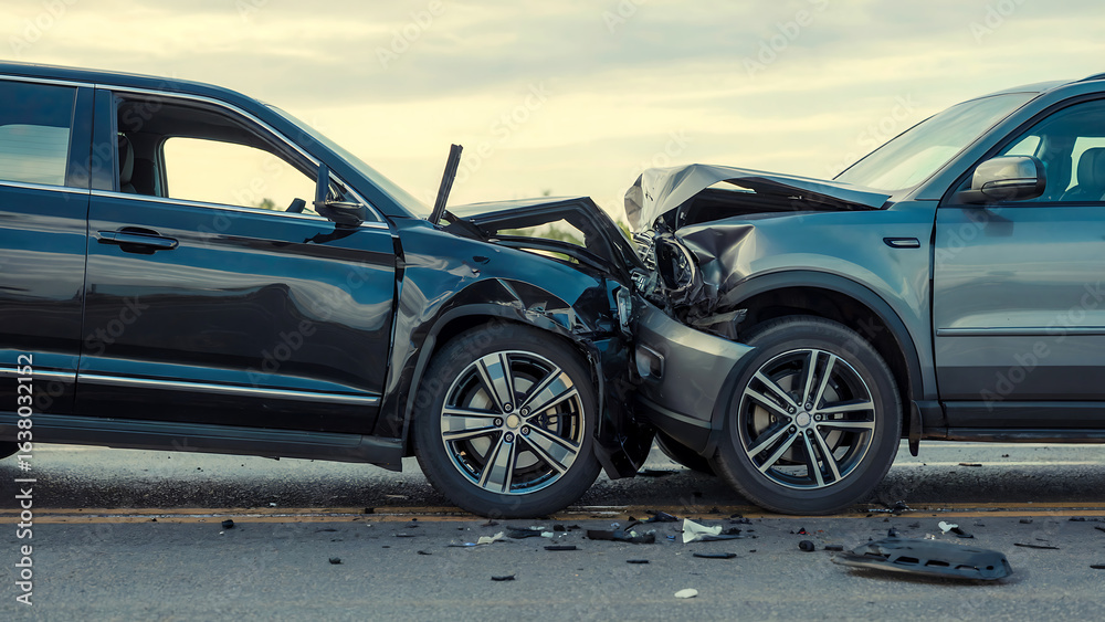 Fototapeta premium Car crash incident with extensive damage to vehicles on the road after collision insurance claim needed damage assessment and roadside assistance following accident