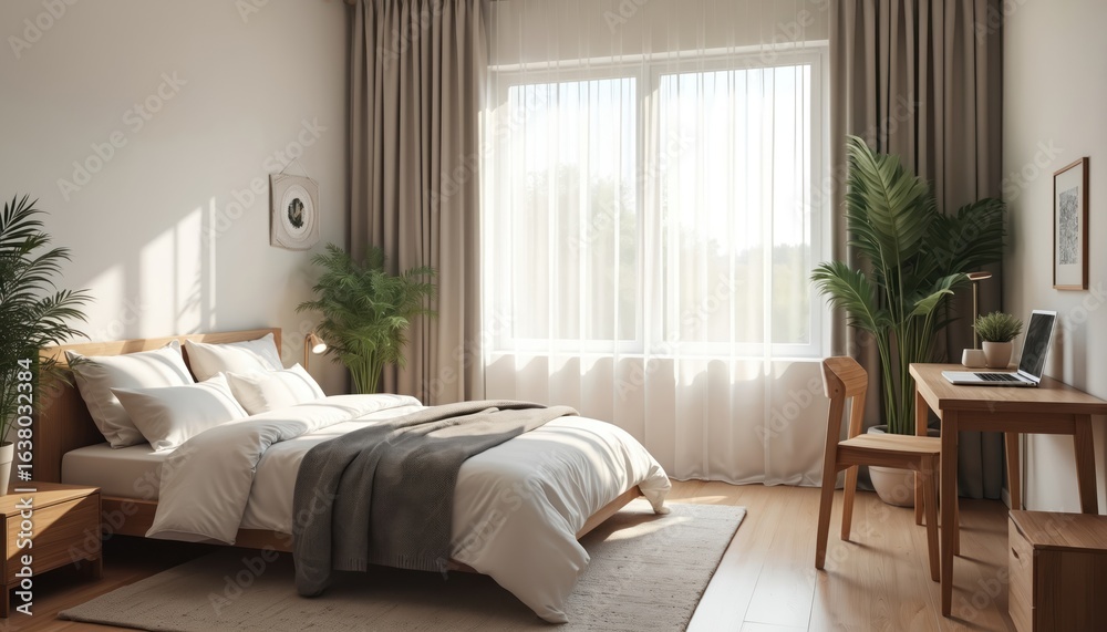 Fototapeta premium Modern bedroom interior with cozy bed, white linens and grey blanket. Wooden furniture, desk with laptop and plant by window. Natural light streams through sheer curtains, creating peaceful ambiance.