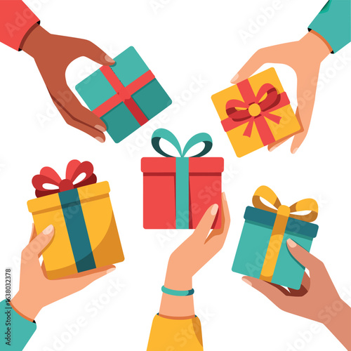 Diverse hands holding colorful gift boxes with ribbons
