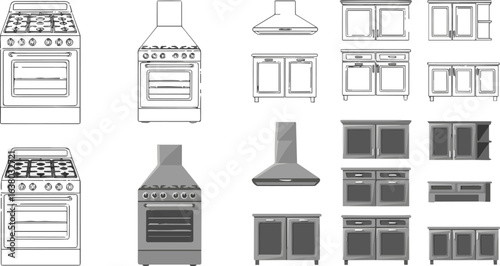 Create a kinds of deferent Kitchen icon outline and solid design with oven, cooker Hood Extractor and cabinet symbol. vector art with white background.
