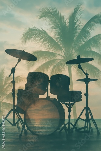 Drum kit silhouette on a tropical beach at sunset with palms and waves, dreamy double exposure background with copy space.