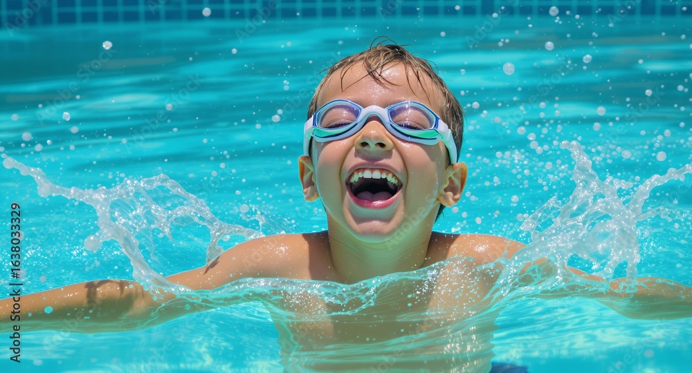 Naklejka premium Joyful Child Swimming in Pool, Splashing Fun, Summer Water Activities