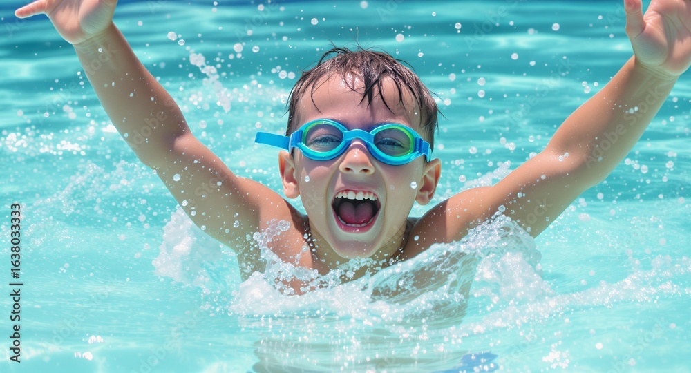 Fototapeta premium Joyful Child Swimming in Pool, Splashing Water Fun