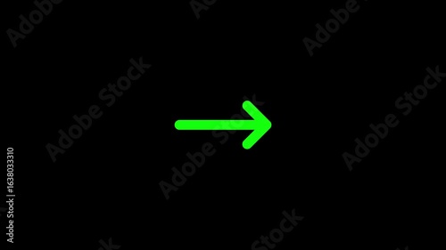 Animated glowing green right arrow icon on black background, seamless loop, modern navigation animation, digital direction symbol, move forward, next, user interface, technology, pointer concept