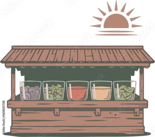 Street Food Stall Vector Illustration with Drinks and Sun Graphic Design Element