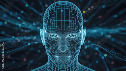 Digital Human Wireframe Model with Neural Network Connection Depicting Artificial Intelligence and Technological Advancement for Future Innovation and Connectivity