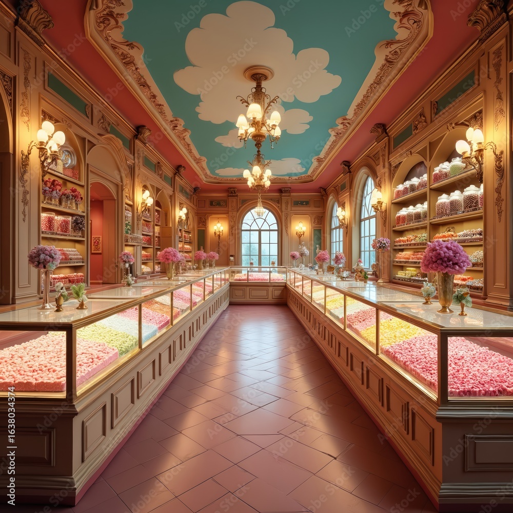 Obraz premium Elegant candy store interior with colorful sweets displayed in glass cases. Ornate shelving holds jars of treats. Pastel pink floors, sky-themed ceiling with clouds create whimsical atmosphere.