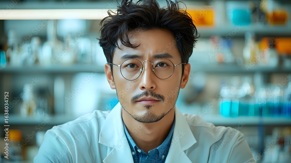 Obraz premium Thoughtful Asian scientist with an analytical gaze