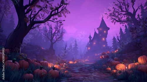 Enchanting halloween night scene with a spooky castle and glowing pumpkins lining a misty forest path under a purple sky