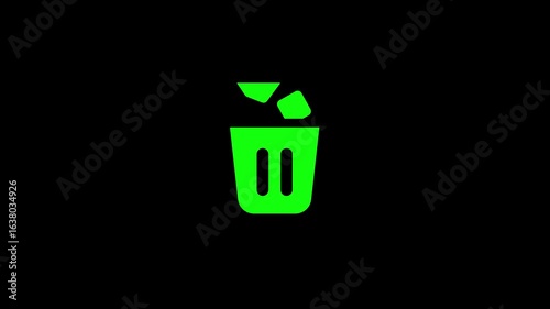 Animated glowing green trash bin icon on black background, seamless loop, modern delete animation, digital garbage can, remove, recycle, waste management, user interface, technology, cleanup concept