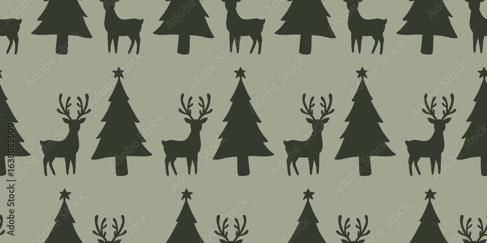 New Year's seamless pattern with a Christmas tree and deer silhouette on a green background New Year's seamless pattern with a Christmas tree and deer silhouette on a green background