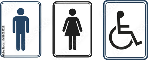 Create a kinds of deferent Male, Female, Handicap toilet sign vector art with white background.