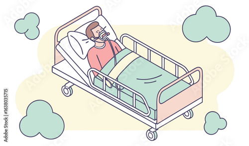 Severely ill patient lying on a hospital bed and breathing with the help of a ventilator. Lung disease treatment concept. Cartoon isometric vector illustration                       
