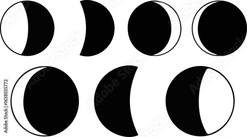 Create a kinds of deferent Moon phases for minimalist tattoo vector shapes vector art with white background.