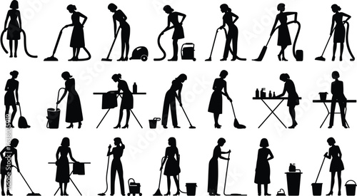 Household cleaning silhouette set, domestic chores icons, minimal black figures, cleaning tools visuals, daily activity graphics, tidy lifestyle symbols