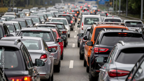 Heavy traffic jam on a busy highway during peak hours showing the congestion and stress of urban commuting and modern transportation challenges