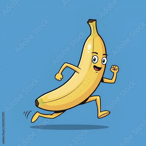 A cartoon banana running with a big smile, a dynamic and energetic illustration of healthy eating and an active lifestyle on a minimalist blue background