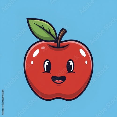 Playful cartoon red apple with expressive eyes and a joyful smile, bright and fun fruit character