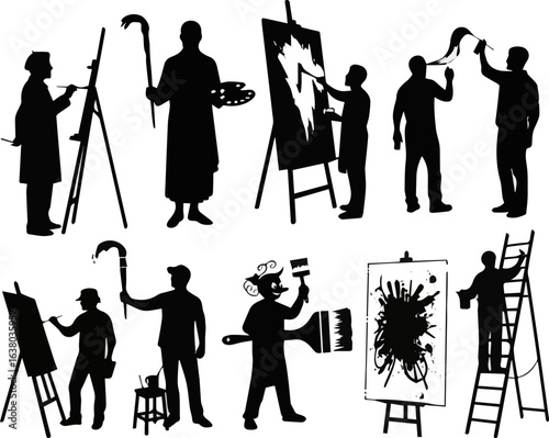 Create a kinds of deferent Painter vector art silhouette with white background.