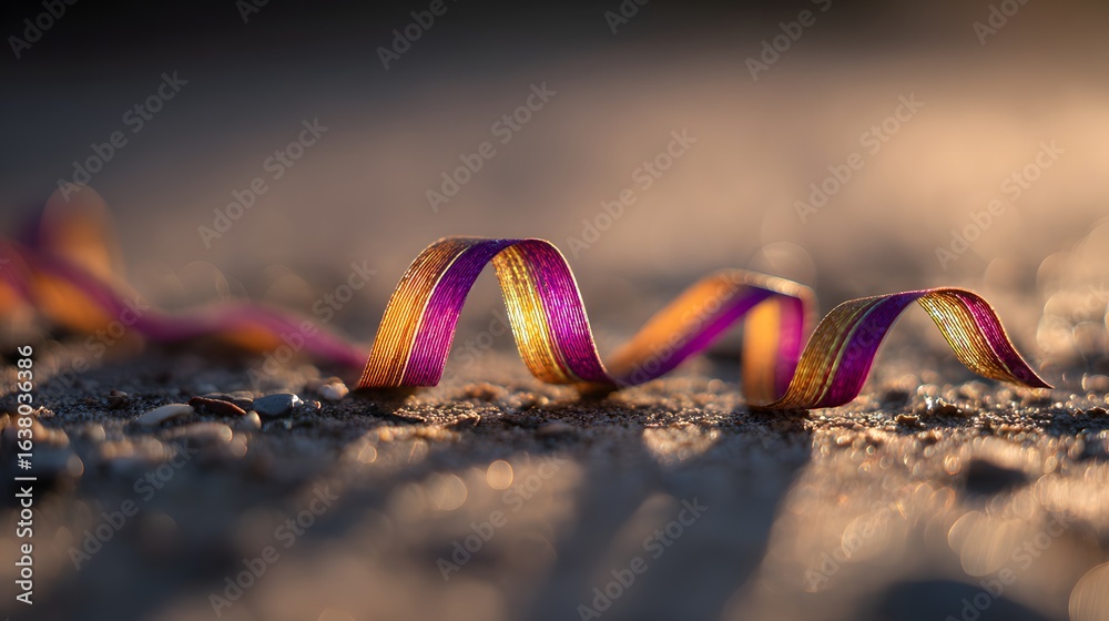 Obraz premium A ribbon, with hues of gold and purple, lays on the sand.