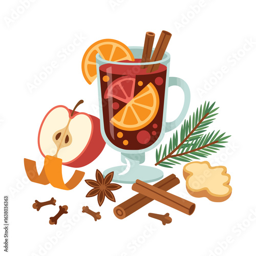 Cozy mulled wine with spices and fruit for winter holidays
