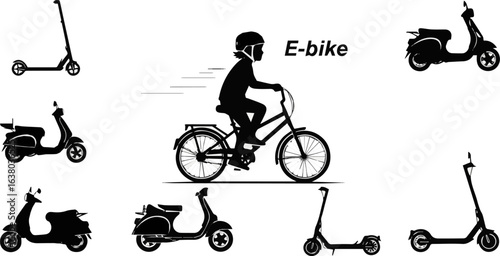 Create a kinds of deferent Scooter vector icon. Kid riding Electric bicycle, bike ecological transportation, e-bike pictogram. vector art silhouette with white background.