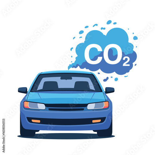 Blue car emitting co2 gas cloud representing pollution and climate change