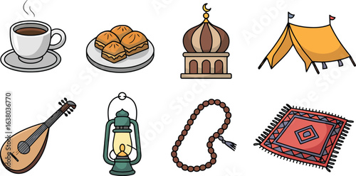Ramadan Iftar Elements Vector Set Featuring Coffee, Sweets, Mosque, Tent, Lantern, Oud, Beads, Rug