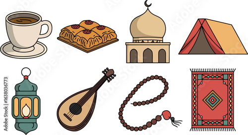 Ramadan Kareem Iftar Feast Vector Set Featuring Coffee, Baklava, Mosque, Tent, Lantern, Oud, Beads