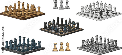 Create a kinds of deferent  vector art chess, game, strategy, board, king, pawn, chessboar vector art with white background.