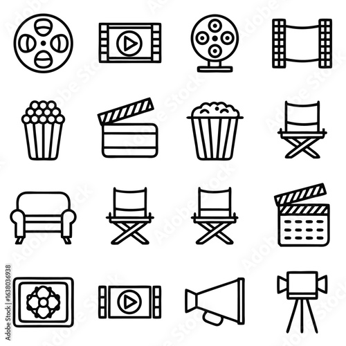 Cinema Movie Icons Set With Film Reel Popcorn and Director Chair vector illustration