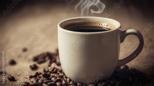 Aromatic Steam Rising from a White Mug of Black Coffee Resting on Roasted Beans