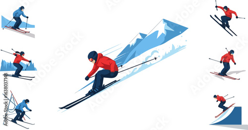 Create a kinds of deferent snow, winter, ski, sport, skier, snowboard, mountain, skiing, extreme, jump, snowboarder, snowboarding,  vector art with white background.