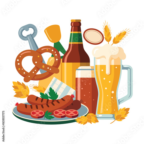Oktoberfest celebration with beer sausage pretzel and bottle opener