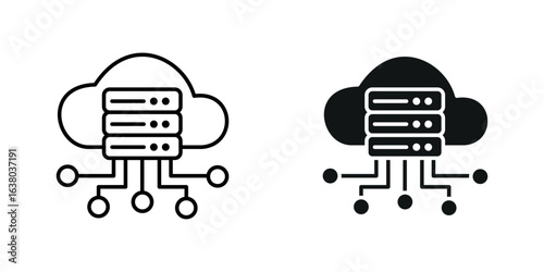 Minimalist cloud server icon combining a cloud shape with server elements, ideal for technology, data storage, and cloud computing designs.
