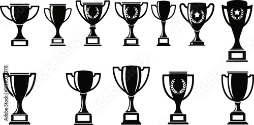 Create a kinds of deferent trophy, cup, award, gold, winner, success, champion vector art silhouette with white background.