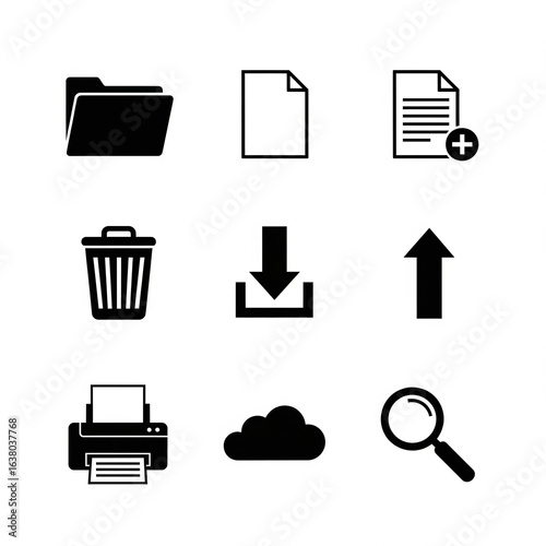 File Management and Cloud Storage Icons Set – Folder, Upload, Download, Print, Search