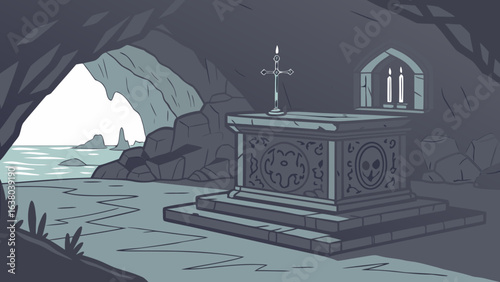 Ancient Obsidian Altar in Coastal Cave Shrine