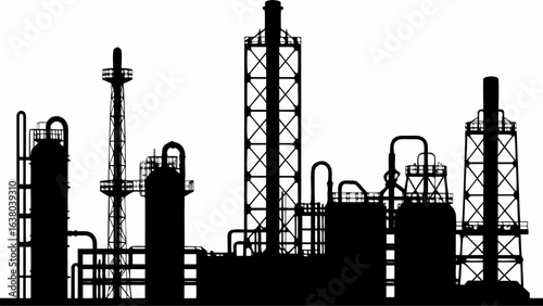 Silhouette of an industrial complex featuring towers tanks and pipework against a white background landscape | editable eps vectors
