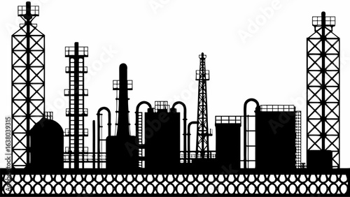 Silhouette of industrial plant with towers tanks and pipelines against a white background landscape view | editable eps vectors