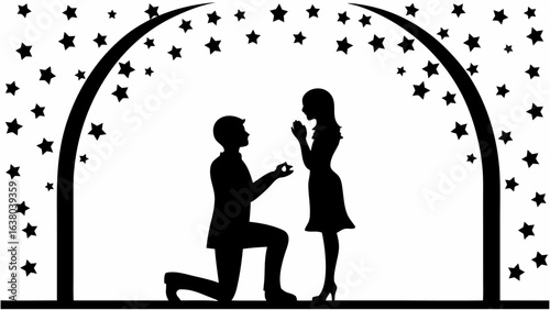 Silhouette of man proposing to woman under arch of stars with ring in hand in black and white style | editable eps vectors