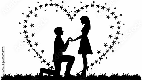Silhouette of a man proposing to a woman with a ring inside a heart made of stars on grass field | editable eps vectors