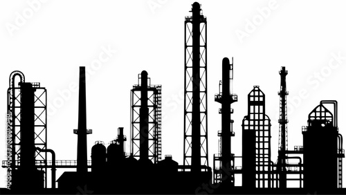 Silhouette of a sprawling industrial complex with various towers and structures against a white background | editable eps vectors