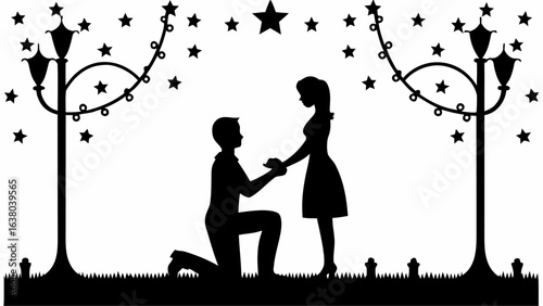 Silhouette of a man proposing to a woman under starry sky and street lamps with decorative lights | editable eps vectors