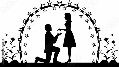 Silhouette of a man proposing to a woman under a star archway with floral accents on the ground | editable eps vectors