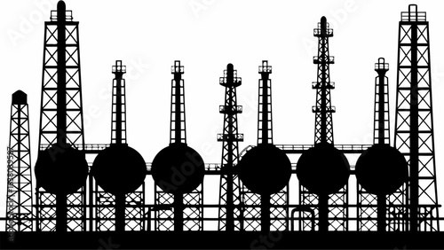 Silhouette illustration of a refinery with towers and spherical tanks against a white background view | editable eps vectors