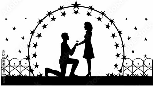 Silhouette of a man proposing to a woman under a star archway in a romantic monochrome illustration | editable eps vectors