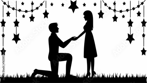Silhouette of a man proposing to a woman under a star garland in a romantic black and white illustration | editable eps vectors