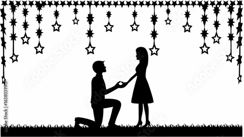 Silhouette of a man proposing to a woman under a garland of stars in a romantic black and white scene | editable eps vectors