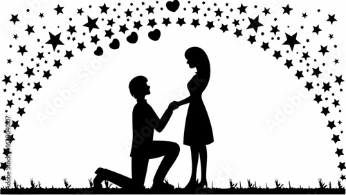 Silhouette of a man proposing to a woman under a canopy of stars and hearts in black and white design | editable eps vectors